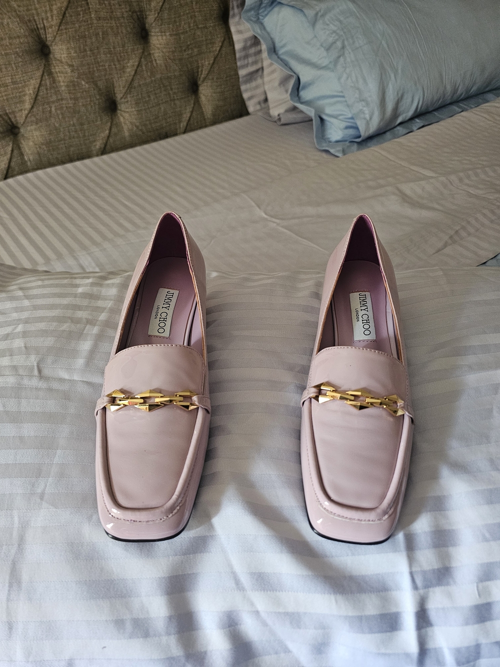 Jimmy Choo Pink Patent Leather Chain-Trim Loafers